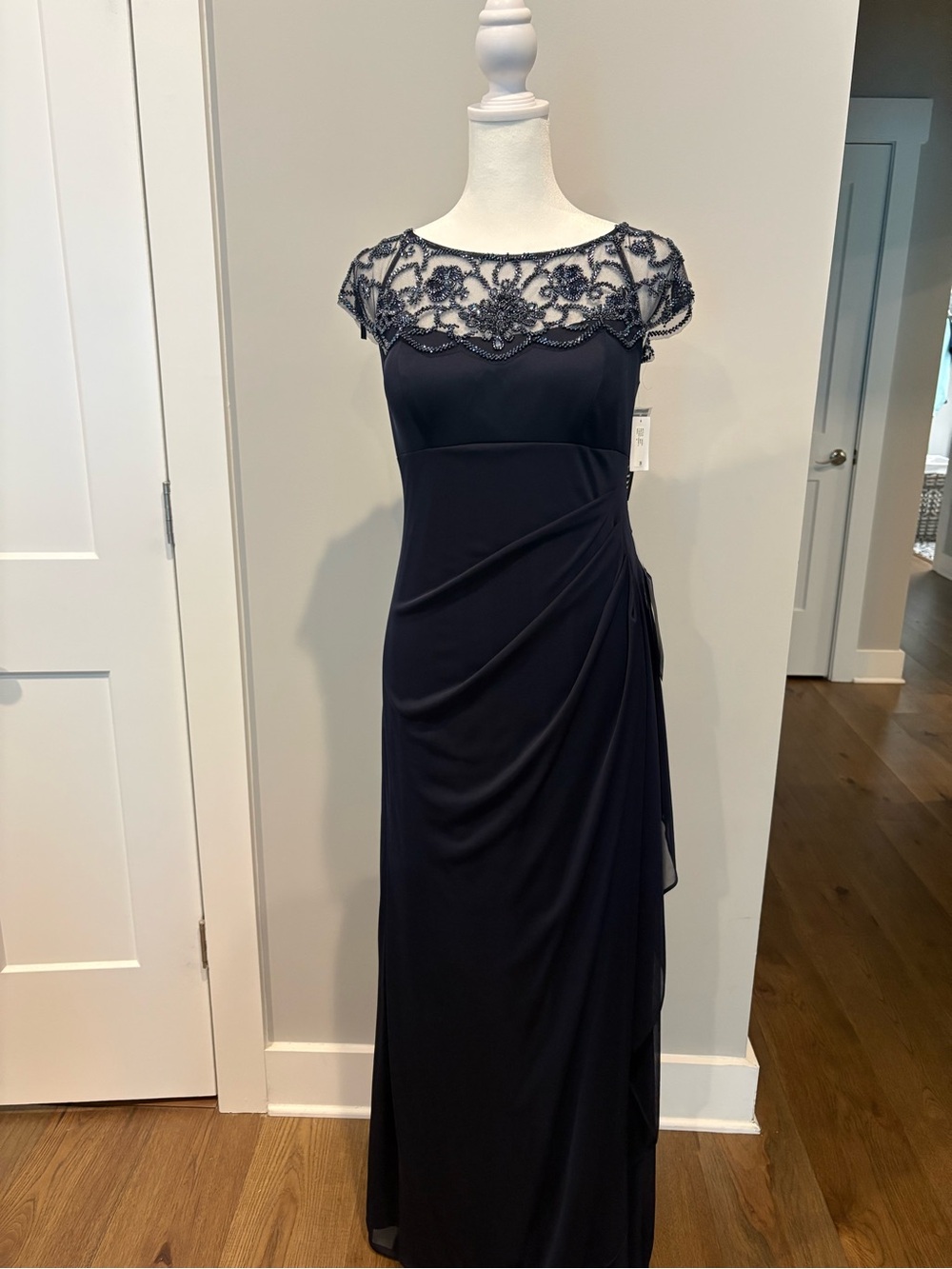 Xscape Navy Lace Cap-Sleeve Evening Gown
